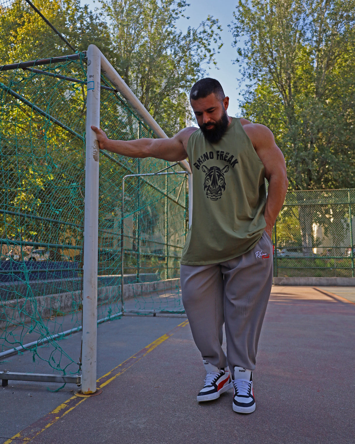 "Old School Khaki" Drop-Arm Tank Top – Tactical Attitude and Maximum Range of Motion