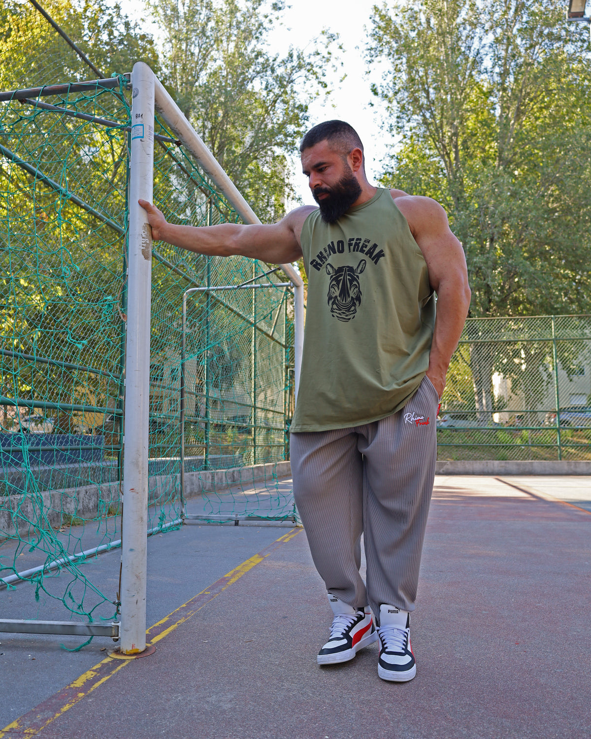 "Old School Khaki" Drop-Arm Tank Top – Tactical Attitude and Maximum Range of Motion