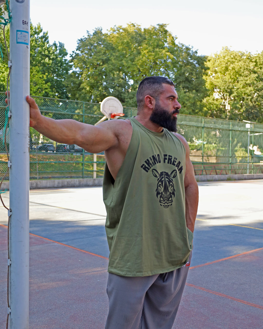"Old School Khaki" Drop-Arm Tank Top – Tactical Attitude and Maximum Range of Motion