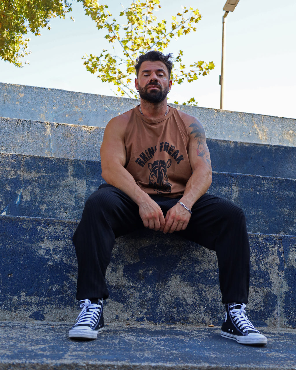 "Old School Khaki" Drop-Arm Tank Top – Tactical Attitude and Maximum Range of Motion
