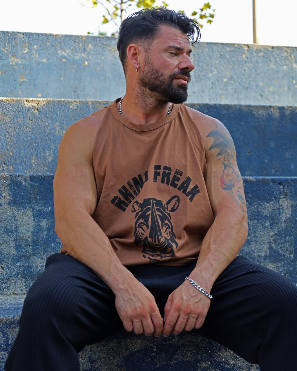 "Old School Khaki" Drop-Arm Tank Top – Tactical Attitude and Maximum Range of Motion