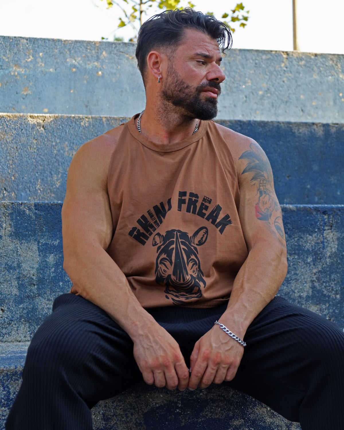 "Old School Khaki" Drop-Arm Tank Top – Tactical Attitude and Maximum Range of Motion